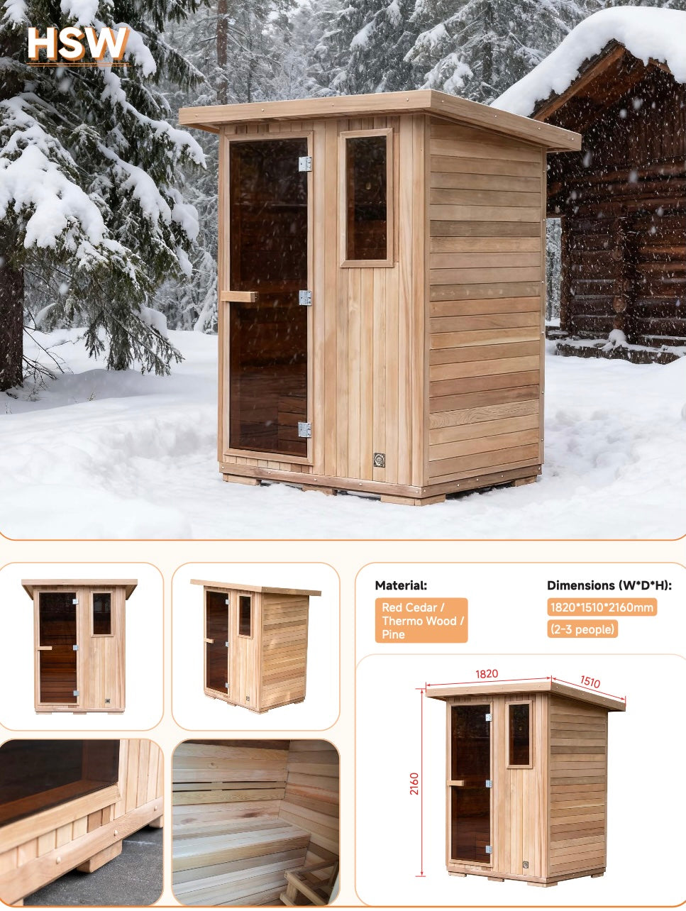Outdoor Cabin Sauna — Red Cedar / Thermo Wood / Pine | 2-3 Person