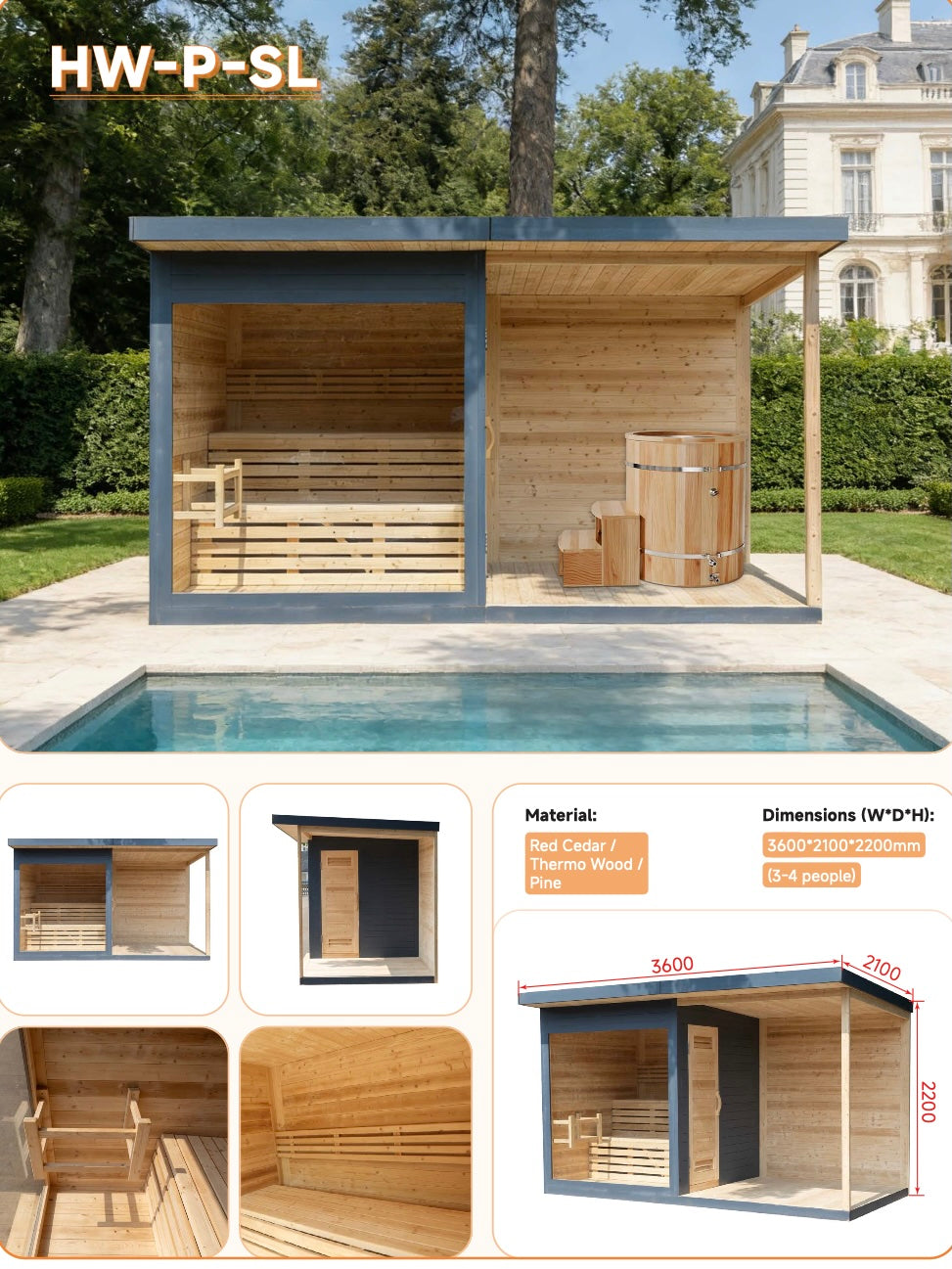Outdoor Cabin Sauna with Open Lounge Terrace — Red Cedar / Thermo Wood / Pine | 3-4 Person