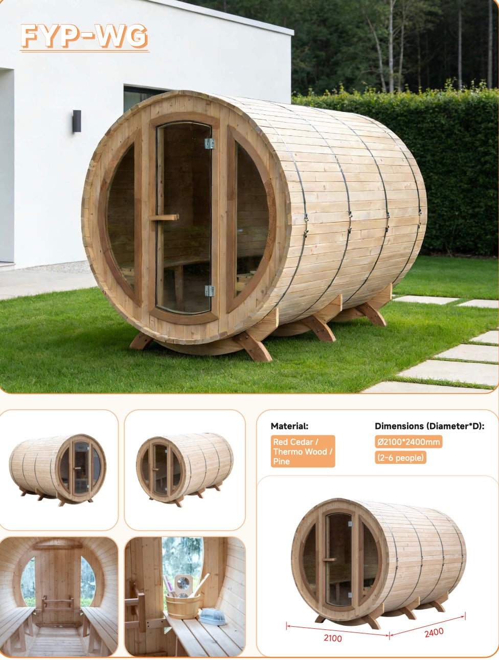 Large Outdoor Barrel Sauna with Arched Glass Door — Red Cedar / Thermo Wood / Pine | 2-6 Person