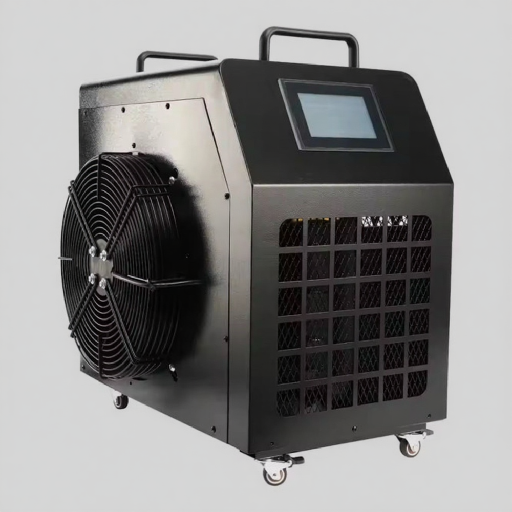 Black industrial air conditioning unit with fan and digital display on a gray background