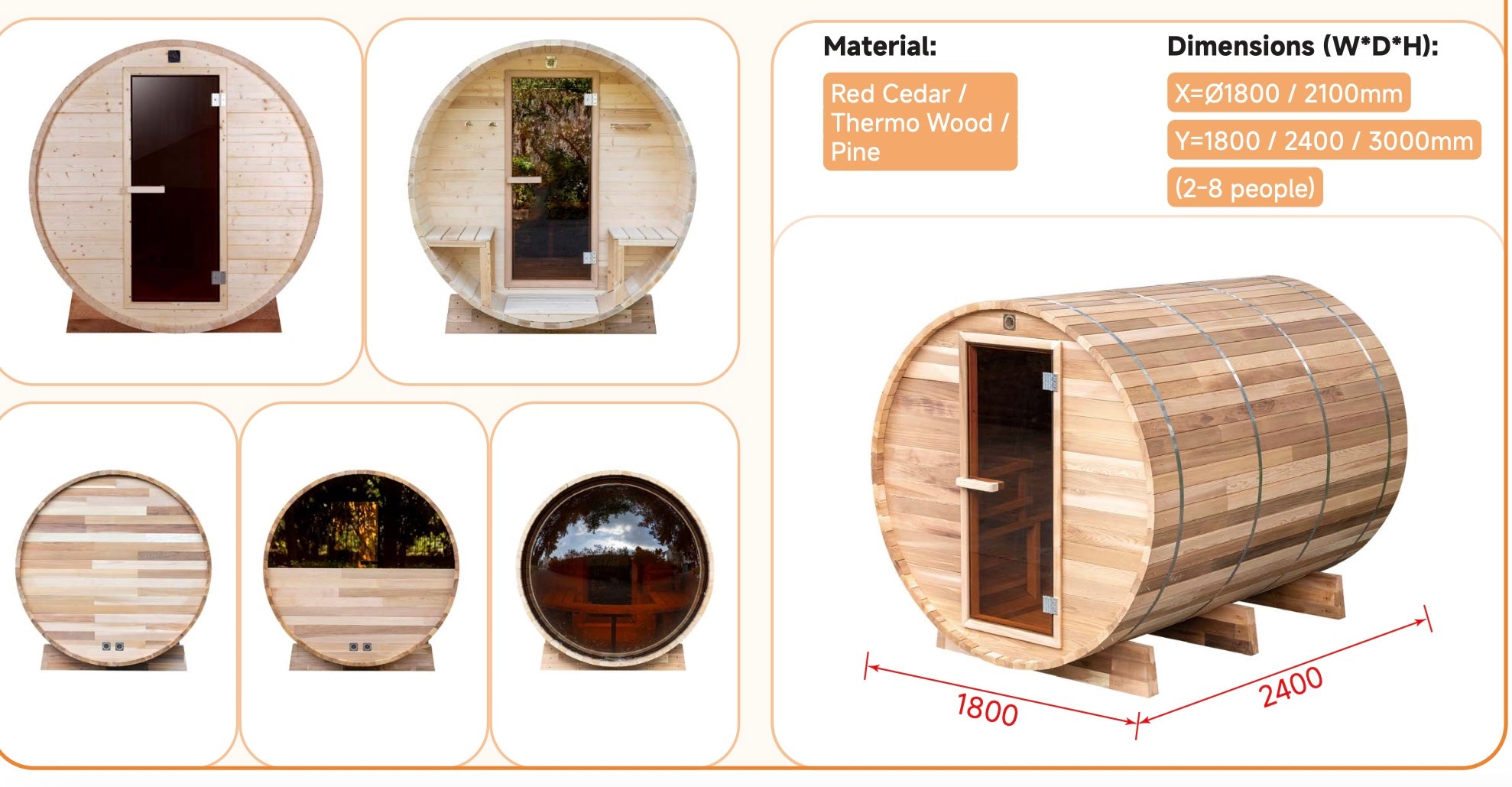 Outdoor Barrel Sauna — Red Cedar / Thermo Wood / Pine | 2-8 Person