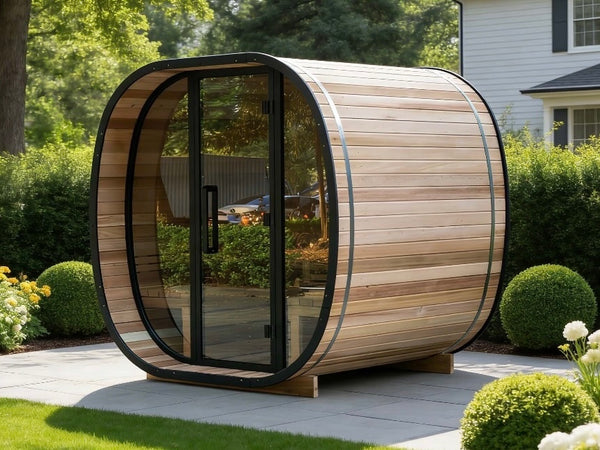 Sauna Tonneau Extérieur avec Porte Vitrée Panoramique — Cèdre Rouge / Bois Thermotraité / Pin | 2-4 Personnes