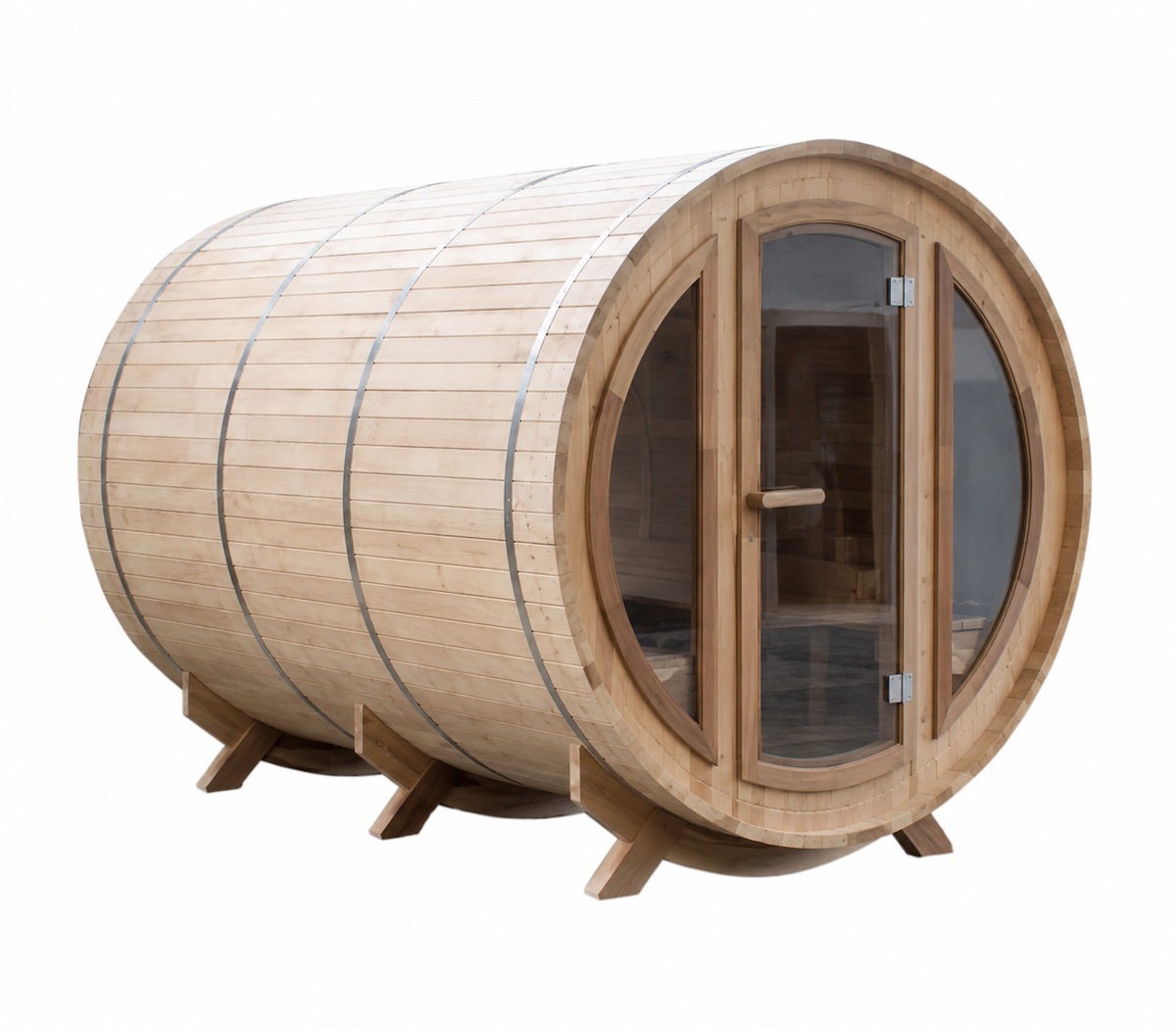Large Outdoor Barrel Sauna with Arched Glass Door — Red Cedar / Thermo Wood / Pine | 2-6 Person