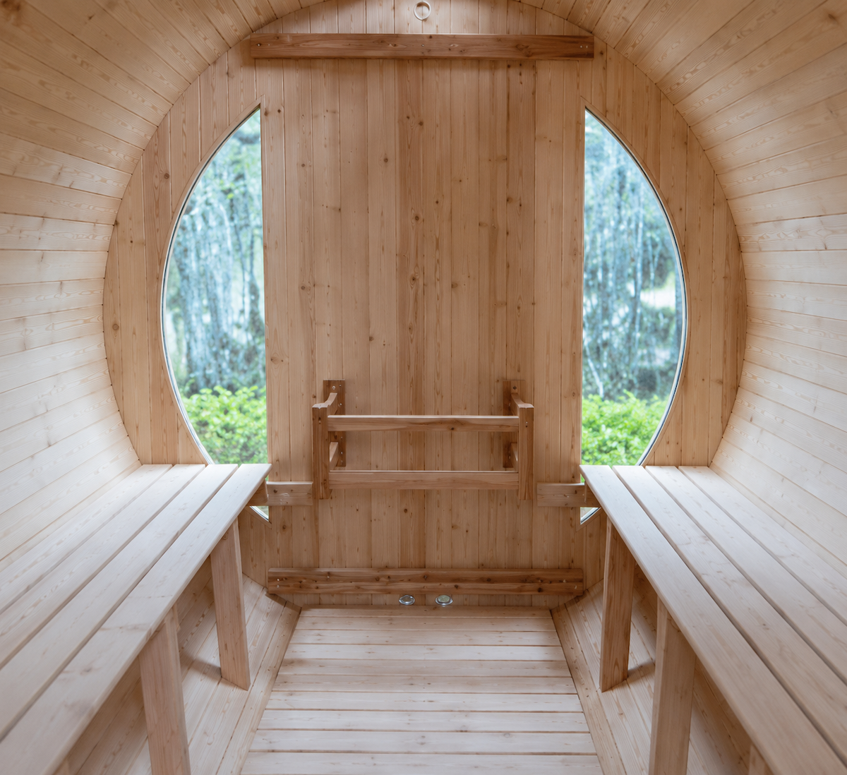 Large Outdoor Barrel Sauna with Arched Glass Door — Red Cedar / Thermo Wood / Pine | 2-6 Person
