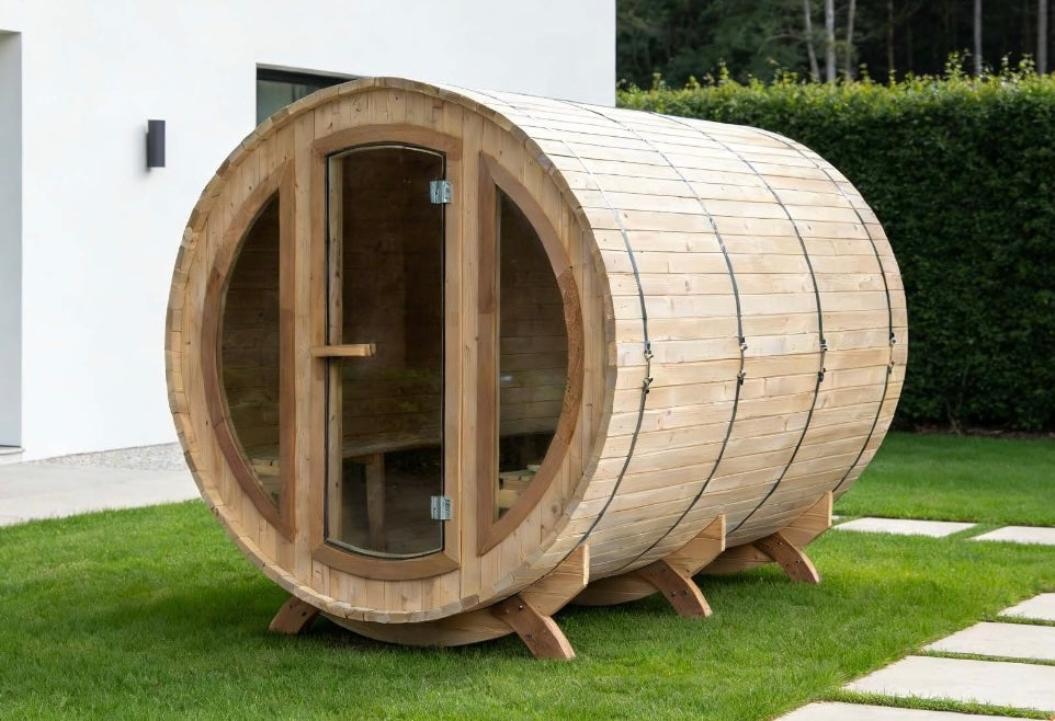Large Outdoor Barrel Sauna with Arched Glass Door — Red Cedar / Thermo Wood / Pine | 2-6 Person