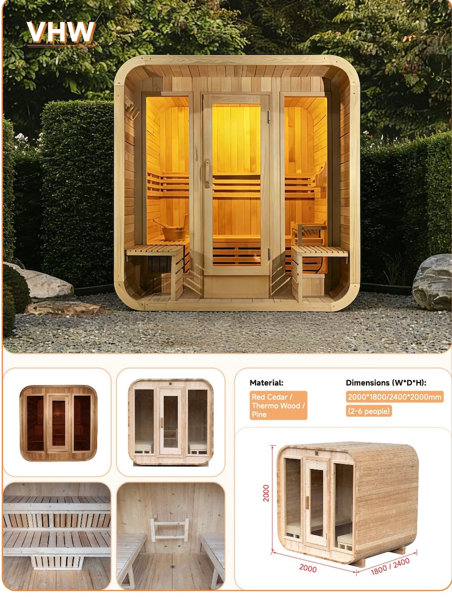 Outdoor Panoramic Cube Sauna — Red Cedar / Thermo Wood / Pine | 2-6 Person