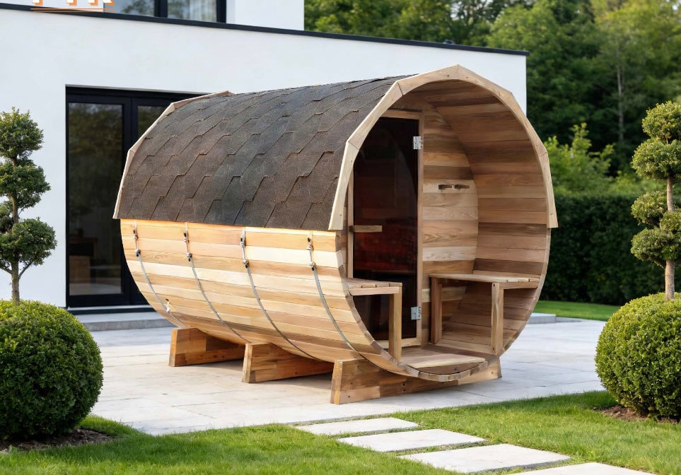 Outdoor Barrel Sauna with Shingle Roof — Red Cedar / Thermo Wood / Pine | 2-8 Person