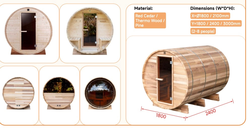Outdoor Barrel Sauna with Shingle Roof — Red Cedar / Thermo Wood / Pine | 2-8 Person