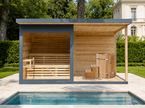 Sauna cabine d'extérieur avec terrasse salon ouverte — Cèdre rouge / Bois thermo-traité / Pin | 3-4 personnes
