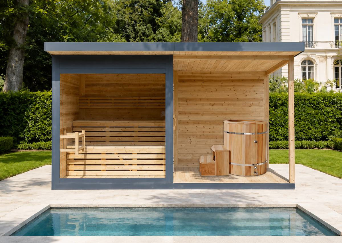 Outdoor Cabin Sauna with Open Lounge Terrace — Red Cedar / Thermo Wood / Pine | 3-4 Person