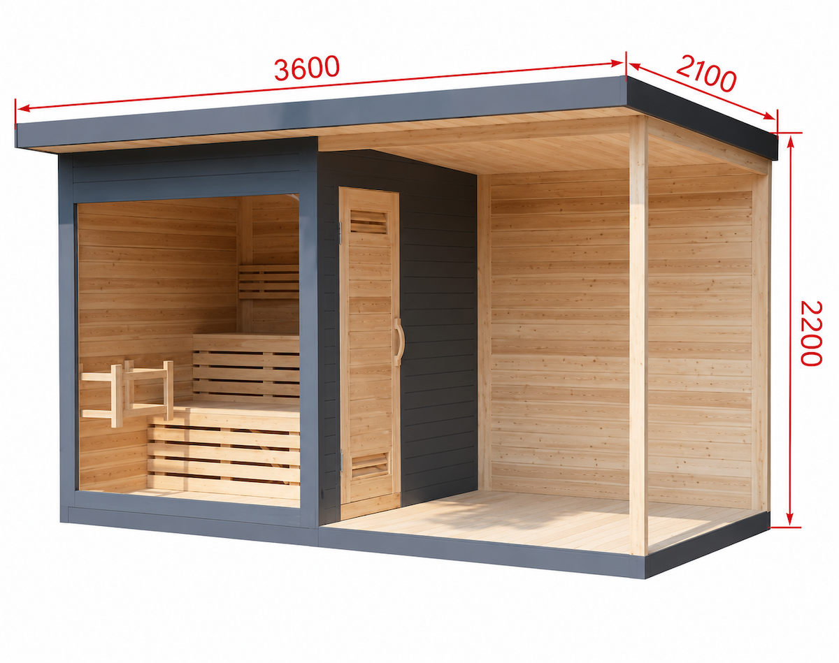 Outdoor Cabin Sauna with Open Lounge Terrace — Red Cedar / Thermo Wood / Pine | 3-4 Person