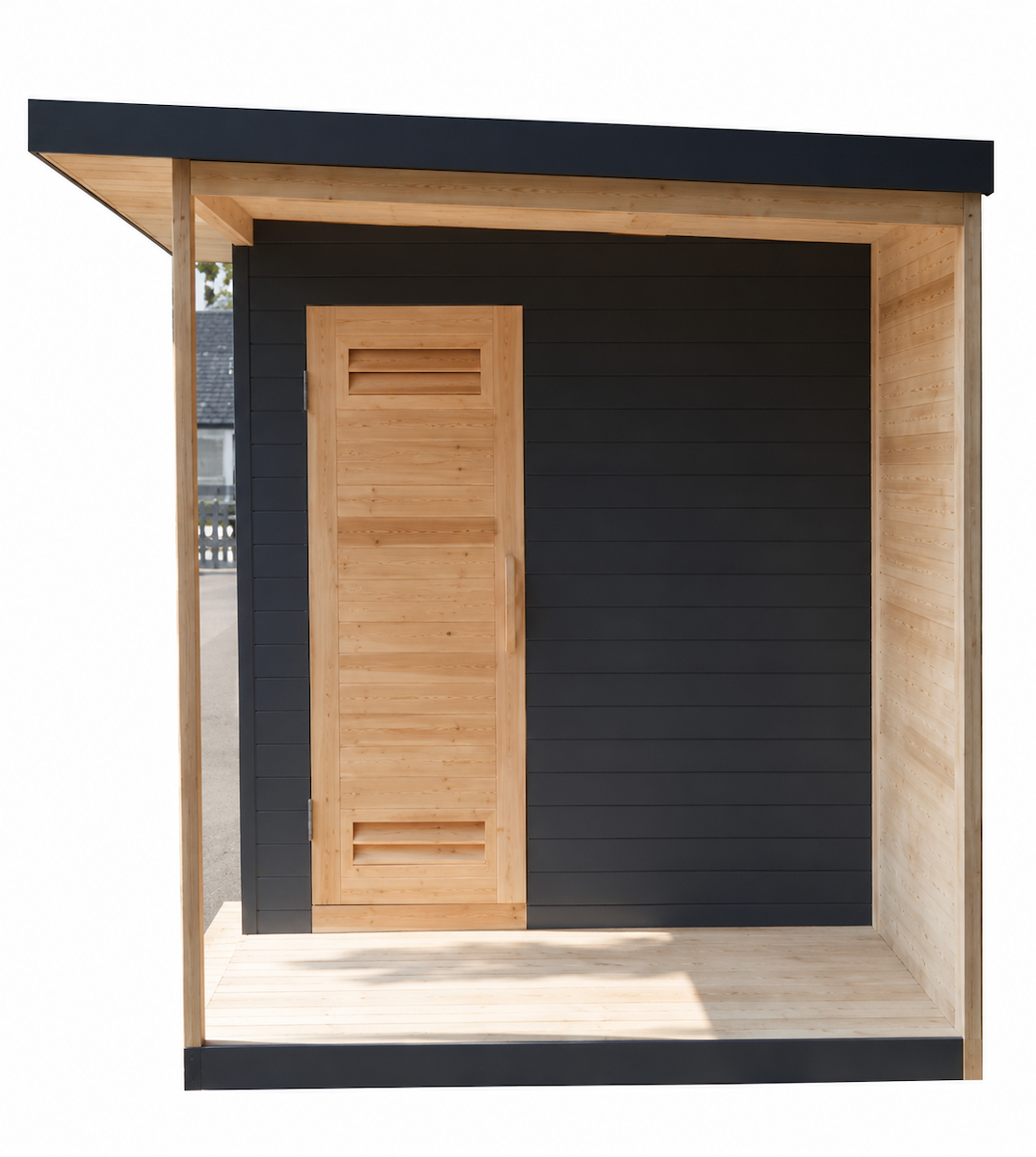 Outdoor Cabin Sauna with Open Lounge Terrace — Red Cedar / Thermo Wood / Pine | 3-4 Person