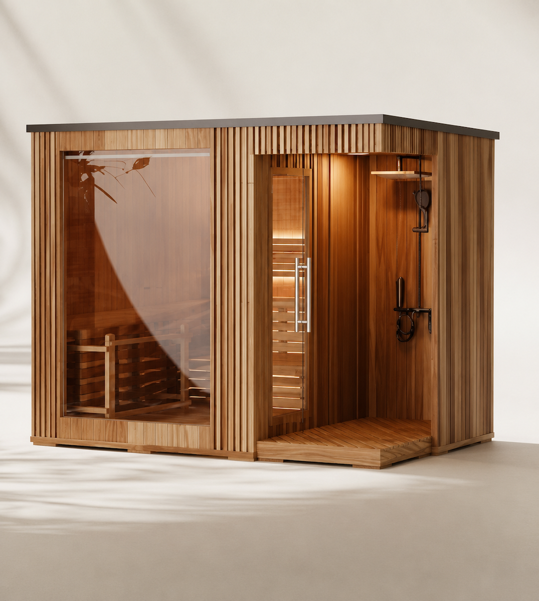 Sauna Cabine Extérieure avec Douche — Cèdre Rouge / Bois de Pin Thermo | 3-4 Personnes