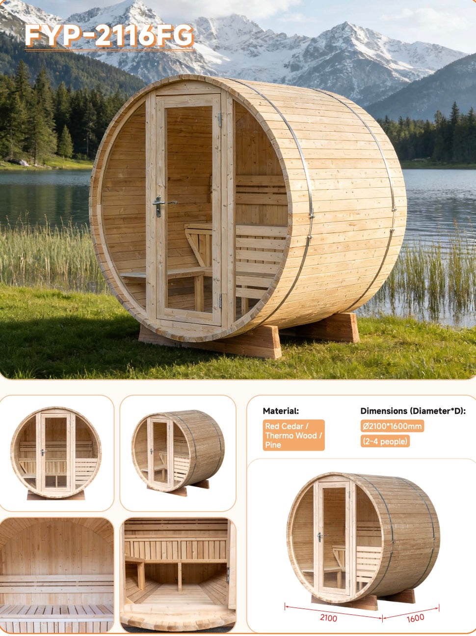 Compact Outdoor Barrel Sauna — Red Cedar / Thermo Wood / Pine | 2-4 Person