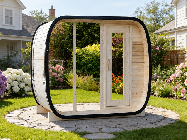Sauna Pod Panoramique Extérieur avec Façade Entièrement Vitrée — Cèdre Rouge / Bois Thermo-traité / Pin | 2-4 Personnes
