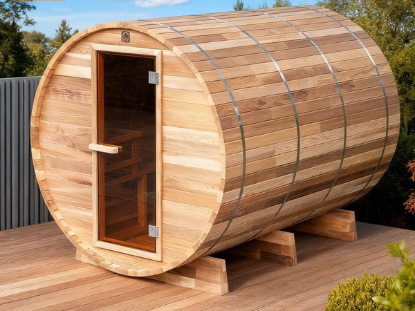 Sauna Tonneau Extérieur — Cèdre Rouge / Pin Thermo-Travaillé | 2-8 Personnes