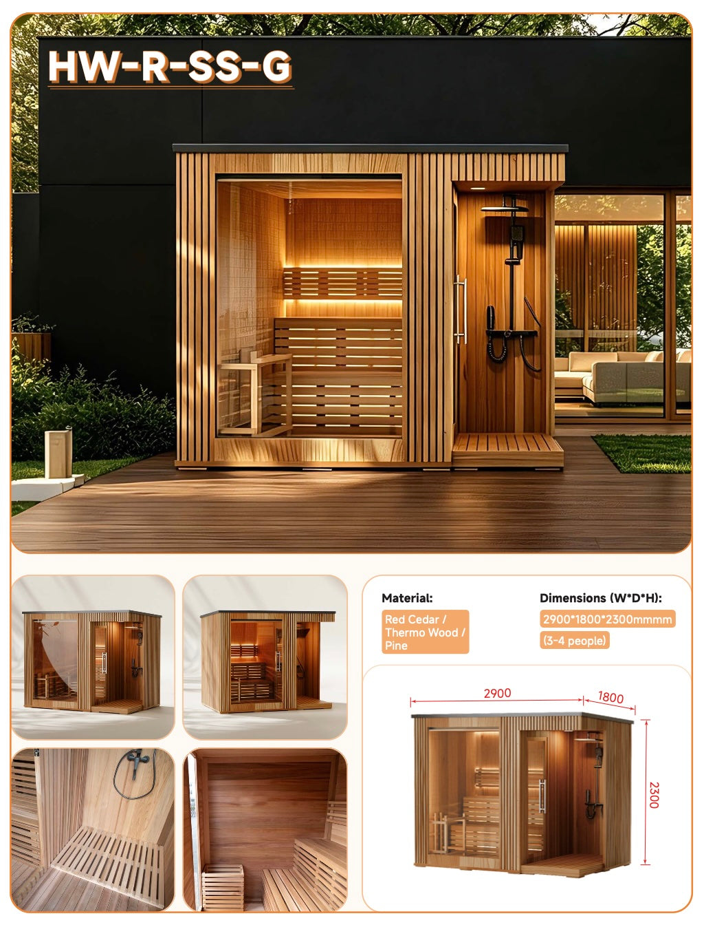 Outdoor Cabin Sauna with Shower — Red Cedar / Thermo Wood / Pine | 3-4 Person