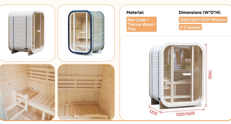 Outdoor Cube Sauna with Full Glass Panel — Red Cedar / Thermo Wood / Pine | 1-2 Person