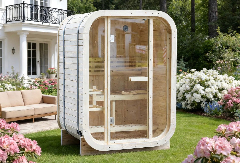 Outdoor Cube Sauna with Full Glass Panel — Red Cedar / Thermo Wood / Pine | 1-2 Person